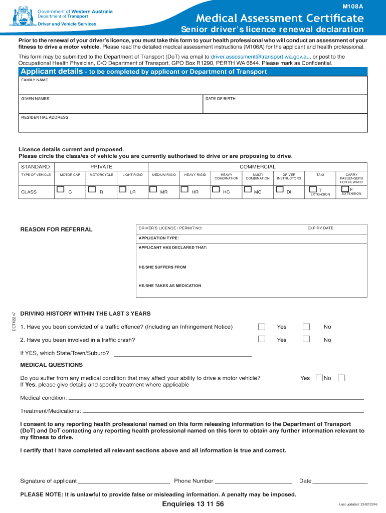 Medical Assessment Certificate Senior Drivers Licence Renewal