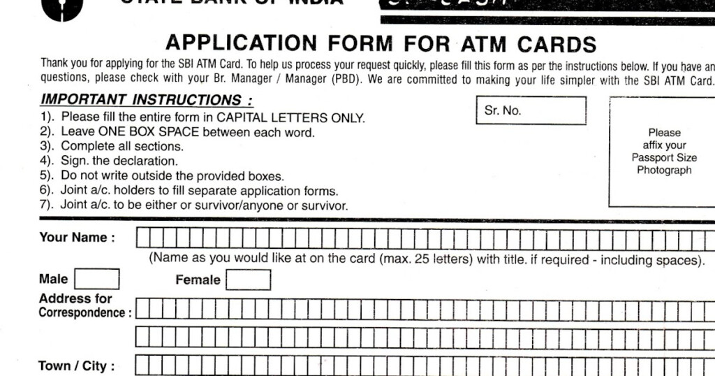 Online Free Stuff SBI ATM Card Application Form State Bank Of India