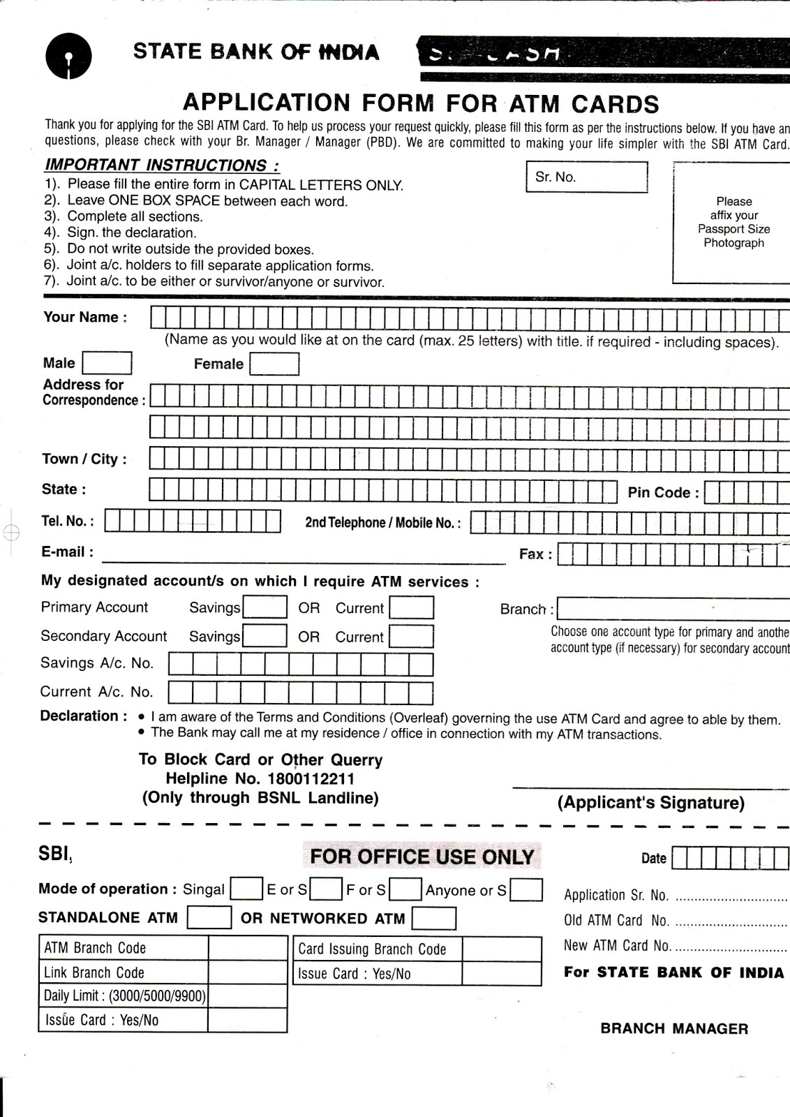 Online Free Stuff SBI ATM Card Application Form State Bank Of India