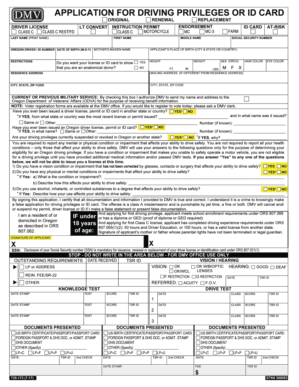 Oregon Dmv 735 173 Printable Blank PDF Online