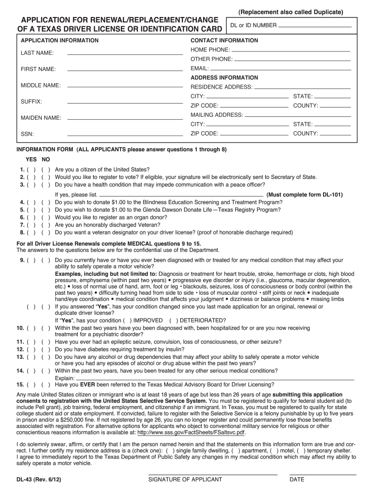 Printable Form Dl 43 TUTORE ORG Master Of Documents