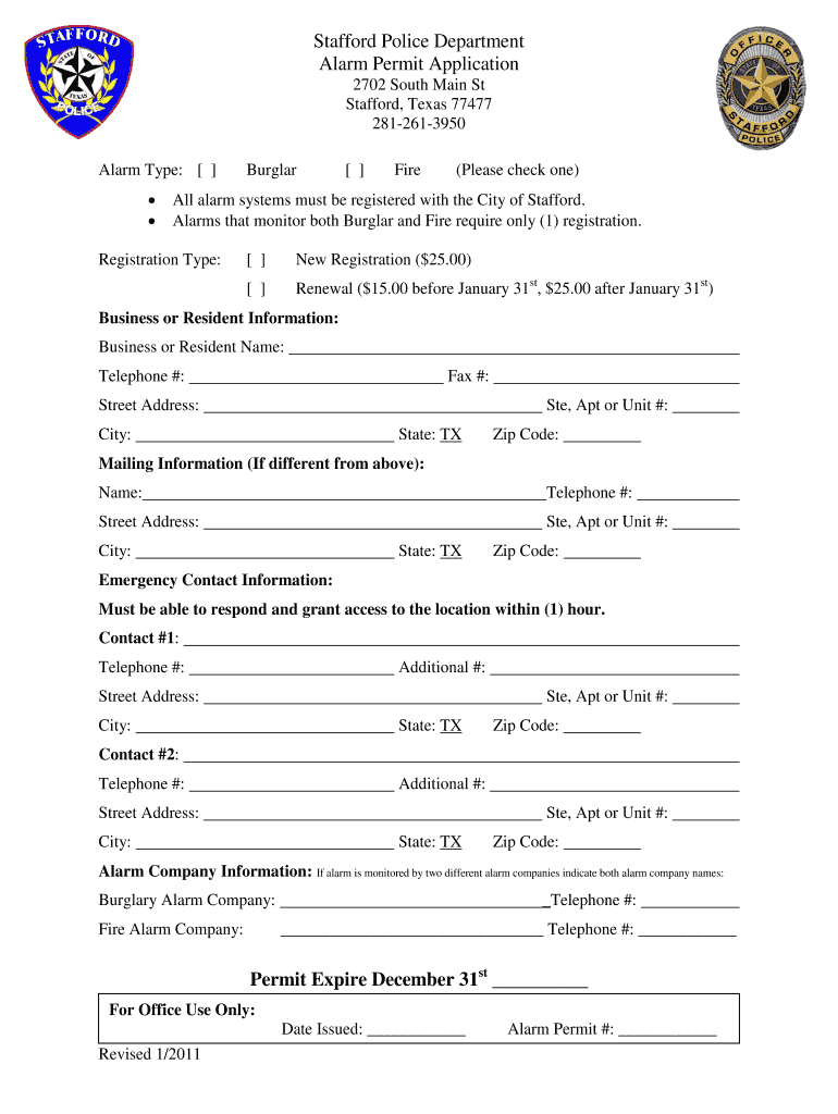 TX Alarm Permit Application Stafford PD 2011 Fill And Sign 