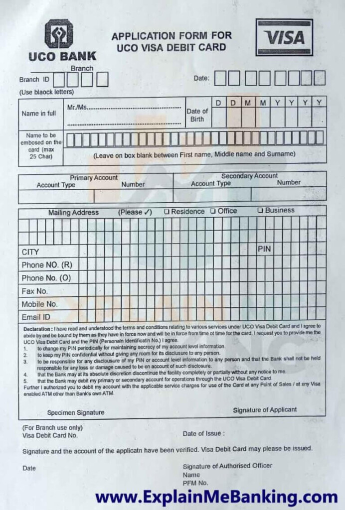 UCO Bank ATM Card Application Form Pdf Download