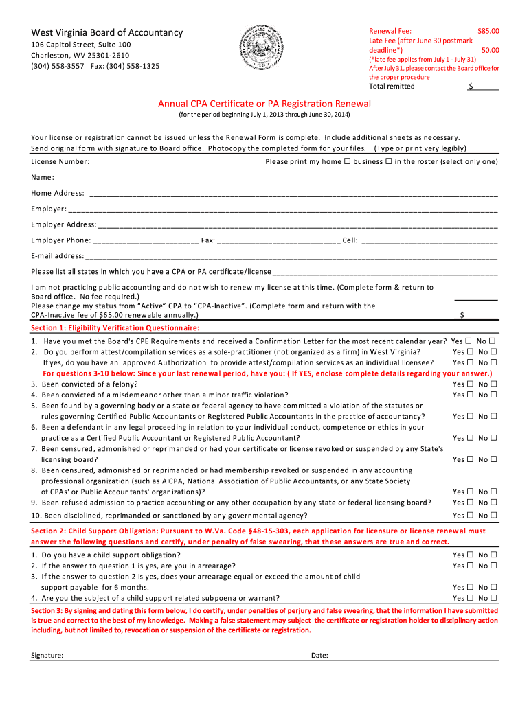 WV BOA Annual CPA Cert PA Reg Renewal 2013 Fill And Sign Printable