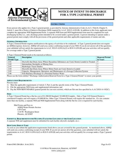 ADEQ Form GWS200 Download Fillable PDF Or Fill Online Notice Of Intent 