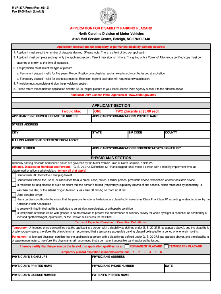 Nc Dmv Handicap Placard Form 2020 Fill And Sign Printable Template 